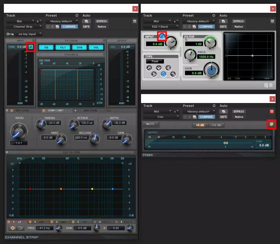 Figure D : 3 options de plugin pour l'inversion de phase des pistes dans ProTools : gauche - Channel Strip ; en haut  droite - EQ3 1-Band ; en bas  droite - Trim.
